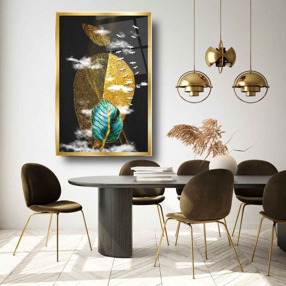 Gold Yapraklar Cam Tablo