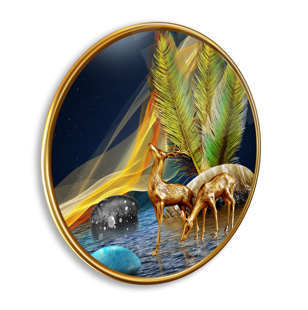 Gold Geyikler Yuvarlak Cam Tablo